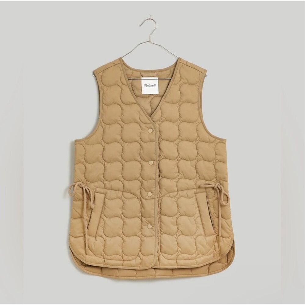 MADEWELL | Quilted Oversized Vest Puffer Tan Tie Waist Snap Close | Size Medium